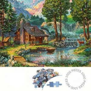 1000 Piece Streamside Cabin Puzzle, Large Adult Family Interactive Toy, DIY Home Decor Brain Challenge, Holiday Scene, Perfect Gift