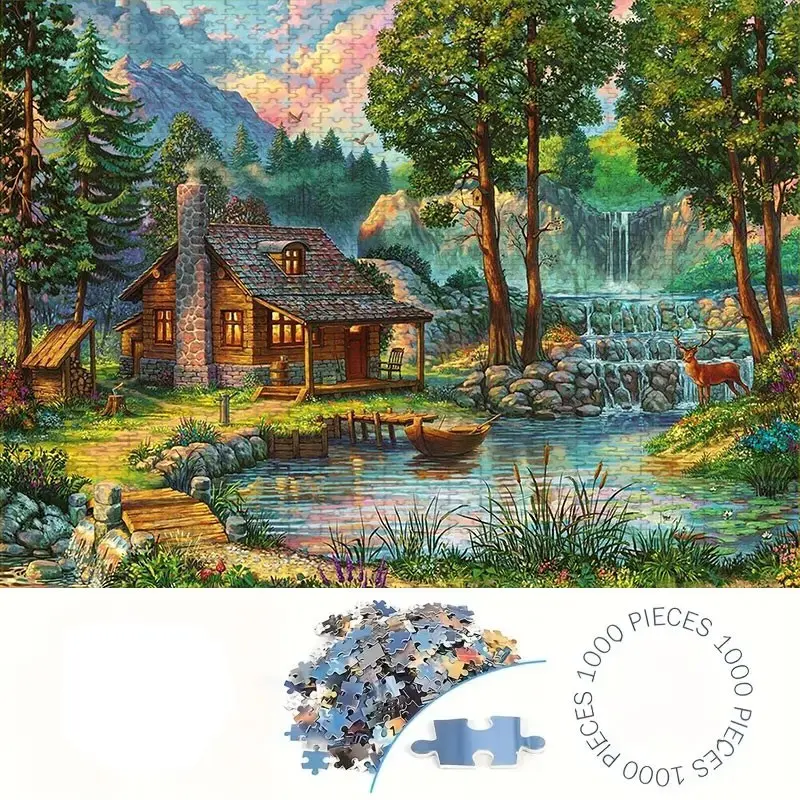 1000 Piece Streamside Cabin Puzzle, Large Adult Family Interactive Toy, DIY Home Decor Brain Challenge, Creative Puzzle, Holiday Scene, Perfect Gift Jigsaw Puzzles