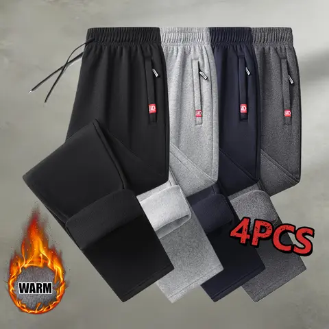 Men's 4-Pack Fleece-Lined Active Pants - Plain, Regular Leg, Customizable Adjustable Drawstring Waist, Zippered Pockets, Warmth Casual Joggers for Running, Outdoor Use