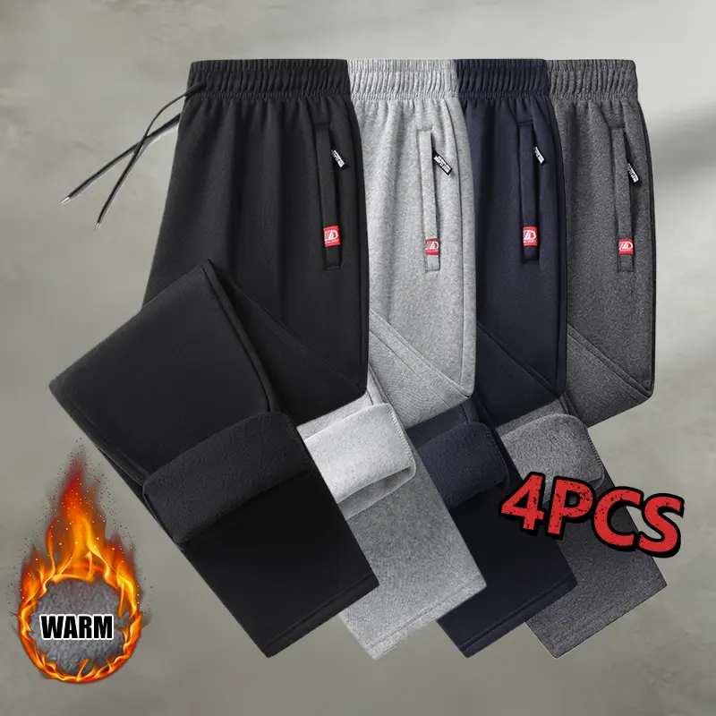 Men's 4-Pack Fleece-Lined Active Pants - Plain, Regular Leg, Customizable Adjustable Drawstring Waist, Zippered Pockets, Warmth Casual Joggers for Running, Outdoor Use