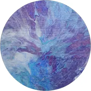 HomeRoots 653479 8 ft. Blue, Purple & Ivory Abstract Washable Round Area Rug with UV Protection – Blue, Circle, Dual-Colored, Full-Sized Rugs, Blue Area Rugs, Circle Area Rugs