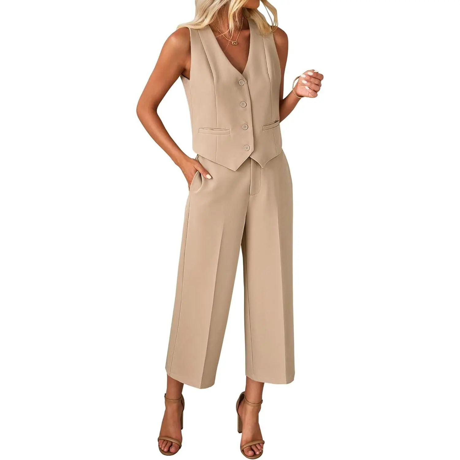 Vest Pant Suits for Women Dressy Wide Leg 2 Piece Sets Work Outfits | V Neck Sleeveless Blazer Vest, Elastic High Waisted Capri Pants, Business Casual Office Outfits, Semi Formal Pantsuit Sets