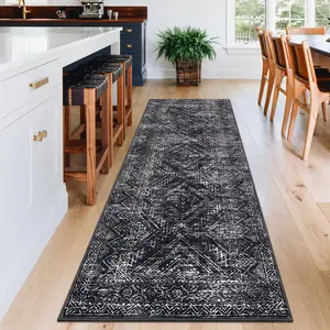 GARVEE Washable Runner Rug 2x6 Vintage Entryway Rug Bathroom Rug Non Slip Farmhouse Rug Kitchen Rugs Distressed Low Pile Soft Bedroom Rug Stain Resistant Carpet for Laundry Hallway 2'x6' Black