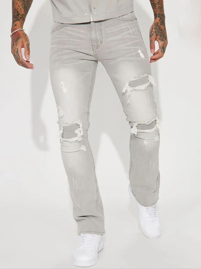 Men's Loose Straight Leg Denim Jeans, All-Season Street Style Business Jeans, Casual Ripped Design, Long Trousers for Men