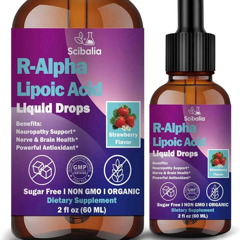 R-Alpha Lipoic Acid 600mg Organic Strawberry Sublingual Liquid Drops - Sugar-Free, Dairy-Free, Vegetarian Neuropathy Aid with Benfotiamine, Acetyl-L-Carnitine, Vitamin C, E, CoQ10, Non-GMO 11-in-1 Stabilized R-ALA Advanced Dietary Supplement