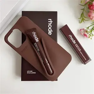 RHODE Cosmetic Style Phone Case for iPhone 11 12 13 14 15 16 17 Pro Max, Soft Silicone Protective Cover with Built in Lipstick Holder