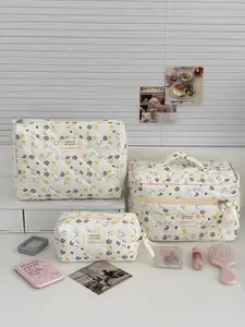 1PC Almond Floral Velvet Makeup Bag,  Multifunctional Travel Portable StoragePouch, Cute Fresh Style Organizer, CosmeticPouch