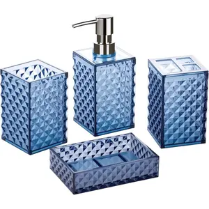 Blue Bathroom Accessories Set, 4 PCS Dark Navy Blue Bathroom Accessories Sets Complete, Diamond Pattern Bathroom Soap Dispenser and Toothbrush Holder Set, Boho Bathroom Décor and Accessories