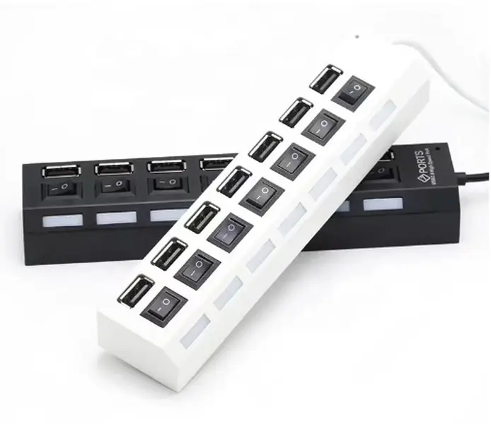 USB 2.0 Hub 7 Port Multi Ports USB A 7in1 Data Splitter With Independent On/Off Switch LED Lights For Laptop PC Computer Mobile Black or White