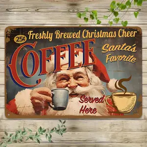 Vintage Christmas Coffee Tin Metal Sign Wall Decor Santa Claus Holiday Decor For Home Kitchen Coffee Bar Cafe Pub
