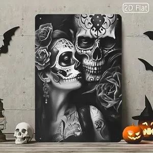 1 Piece Retro Style Sugar Skull Metal Wall Decoration - Black and White Day of the Dead Decoration - Elegant Floral Design - Durable Tin Sign, 8x12inch - Mexican Culture Home Decoration, Party Atmosphere Decoration, Exquisite Details