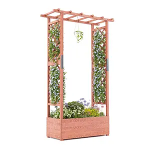Raised Garden Bed with Trellis,43x17x72in Wood Planter Box, Hanging Roof,4 Drainage Holes, Freestanding Elevated Garden Bed for Climbing Plants,Vines