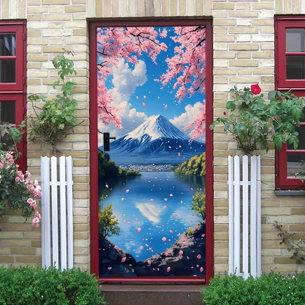 2pcs Sakura Fuji Mountain Scenery Wall Stickers Japanese Style Removable Self Adhesive Wall Decals for Bedroom Living Room Home Decorative Landscape Art Mural Stickers Peel and Stick Wallpaper