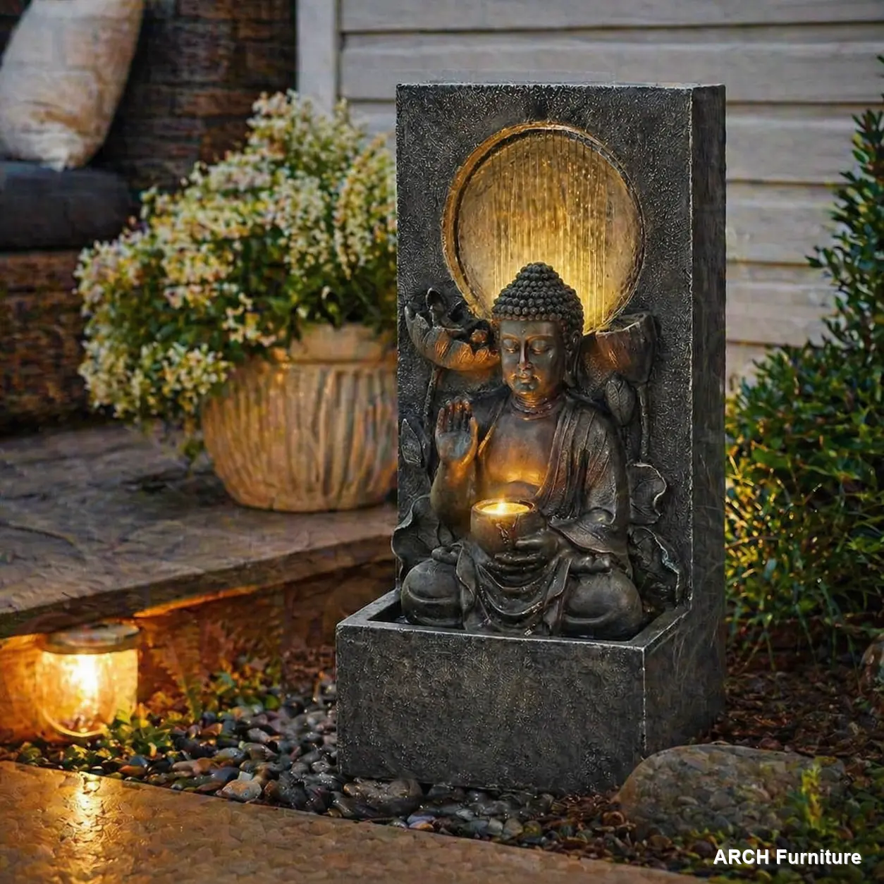 28"H Freestanding Outdoor Buddha Automatic Waterfall Fountain - Artistic Classic Sculpture with Fountain Pump, LED Lights, Asian Zen Fengshui Decor, Relaxing Garden Patio Home Improvement Gift, Artistic Sculpture Fountains