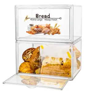 2pcs Large Bread Box For Countertop  Stackable Double Layer Storage Container Clear Boxes Kitchen Counter Keeper Homemade Bagel Muffins Rolls