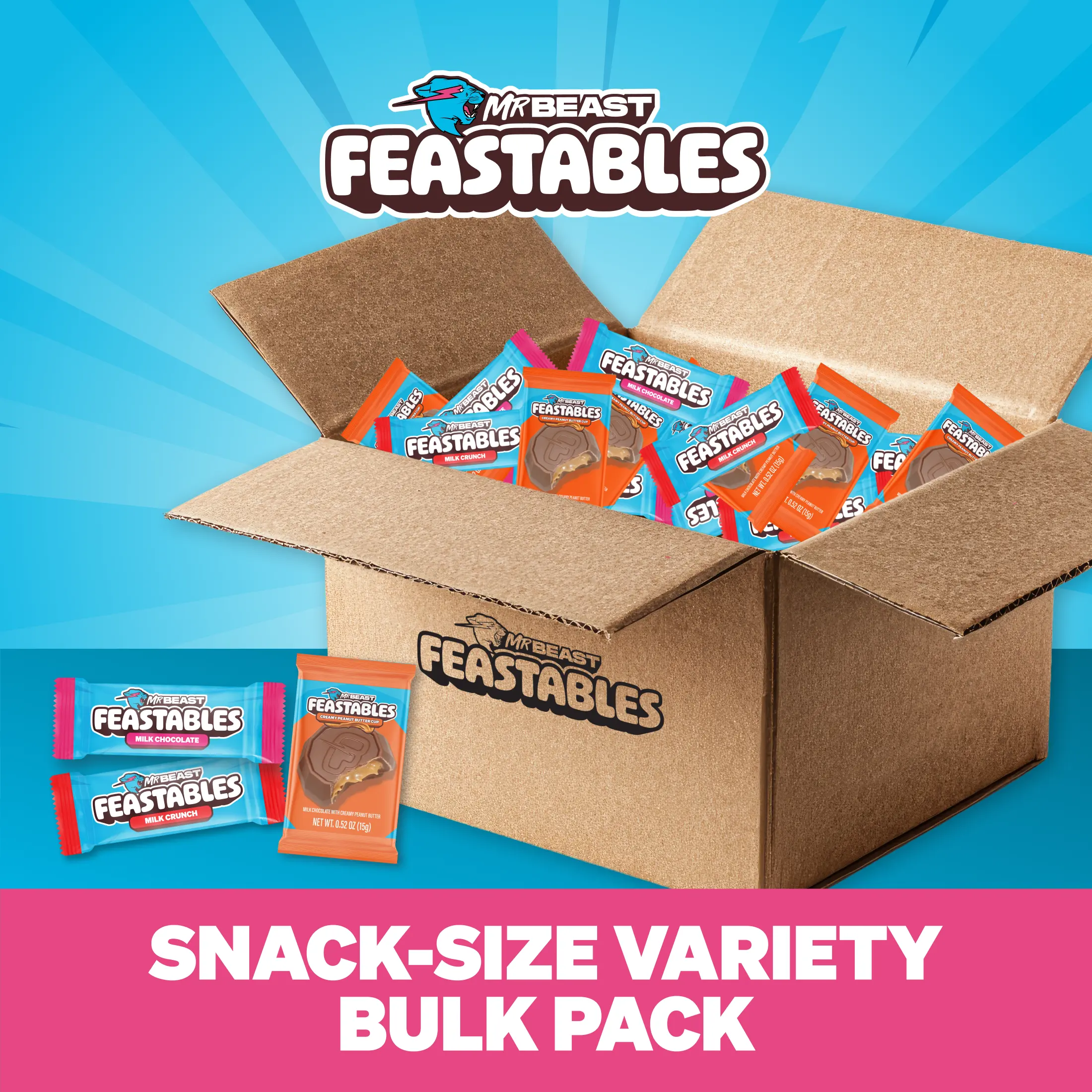 Feastables by MrBeast - 3lb Snack-Size Chocolate Variety Bulk Box - Individually Wrapped Peanut Butter Cups, Milk Chocolate, Milk Crunch, Variety Pack, Candy, Cocoa Sweet & Crunchy Snack, Fairtrade Certified, Kosher, Perfect for Parties, Gifting, Snacking