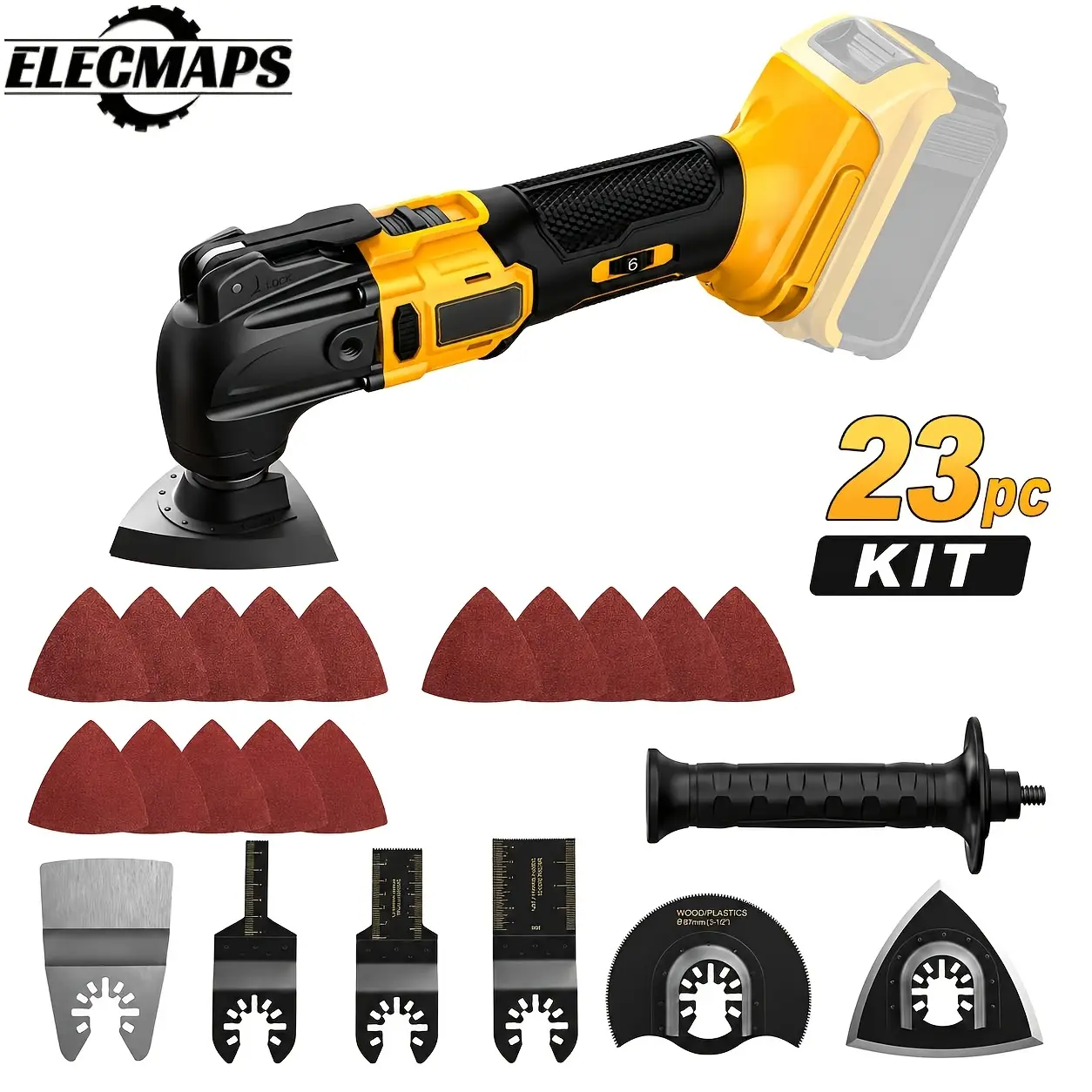 ELECMAPS Brushless Oscillating Multi-Tool - 6-Speed, 21000RPM, LED Light, 110-240V, Cutting & Sanding Kit with Woodworking Cutting Blade, Sanding Pad, Tool Only (Battery None Included), Tool Only (Battery Not Included)
