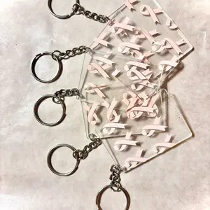 5 pk Pink Ribbon Keychains - Clear Acrylic with Pink Ribbons for Cancer Awareness and Support