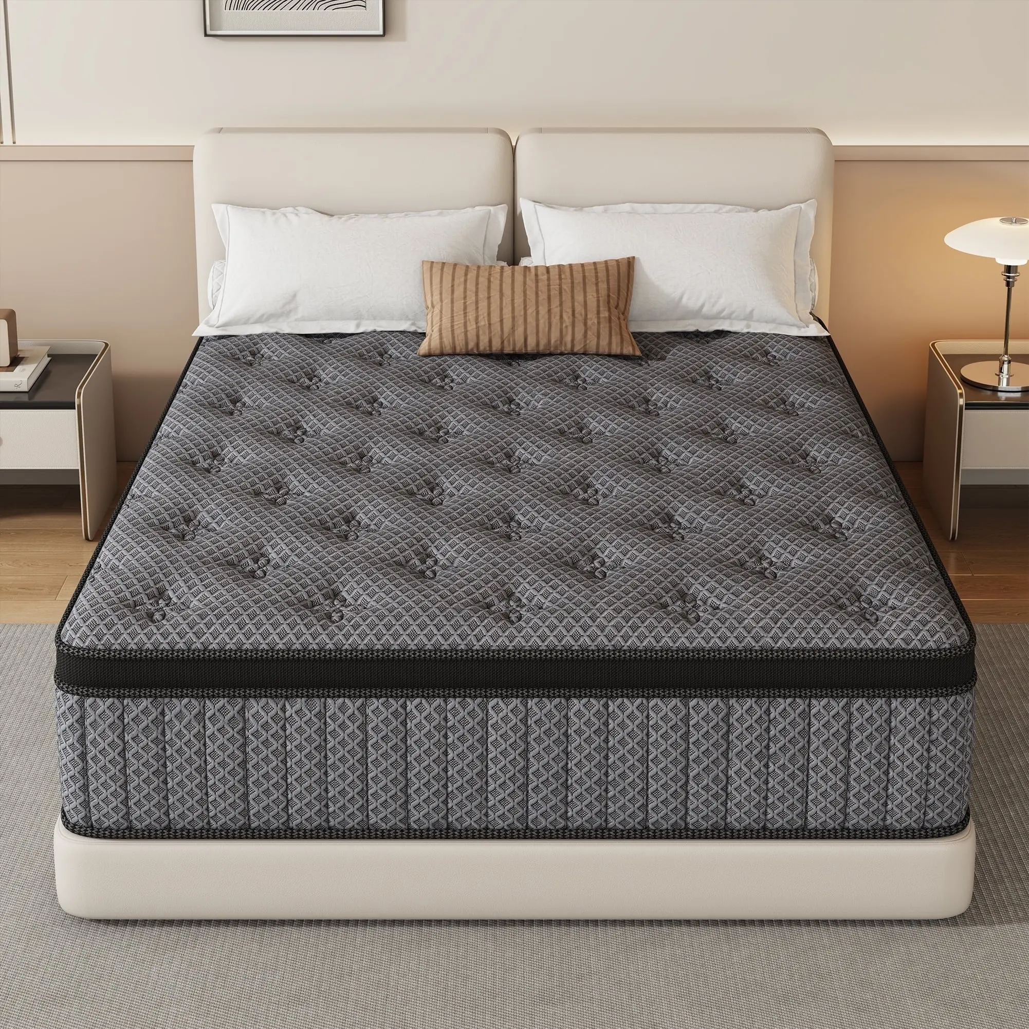 14 Inch Charcoal Grey Hybrid Mattress with Quilted Euro Top, Motion Isolation Pocket Spring Innerspring Bed, Twin/Full/Queen/King