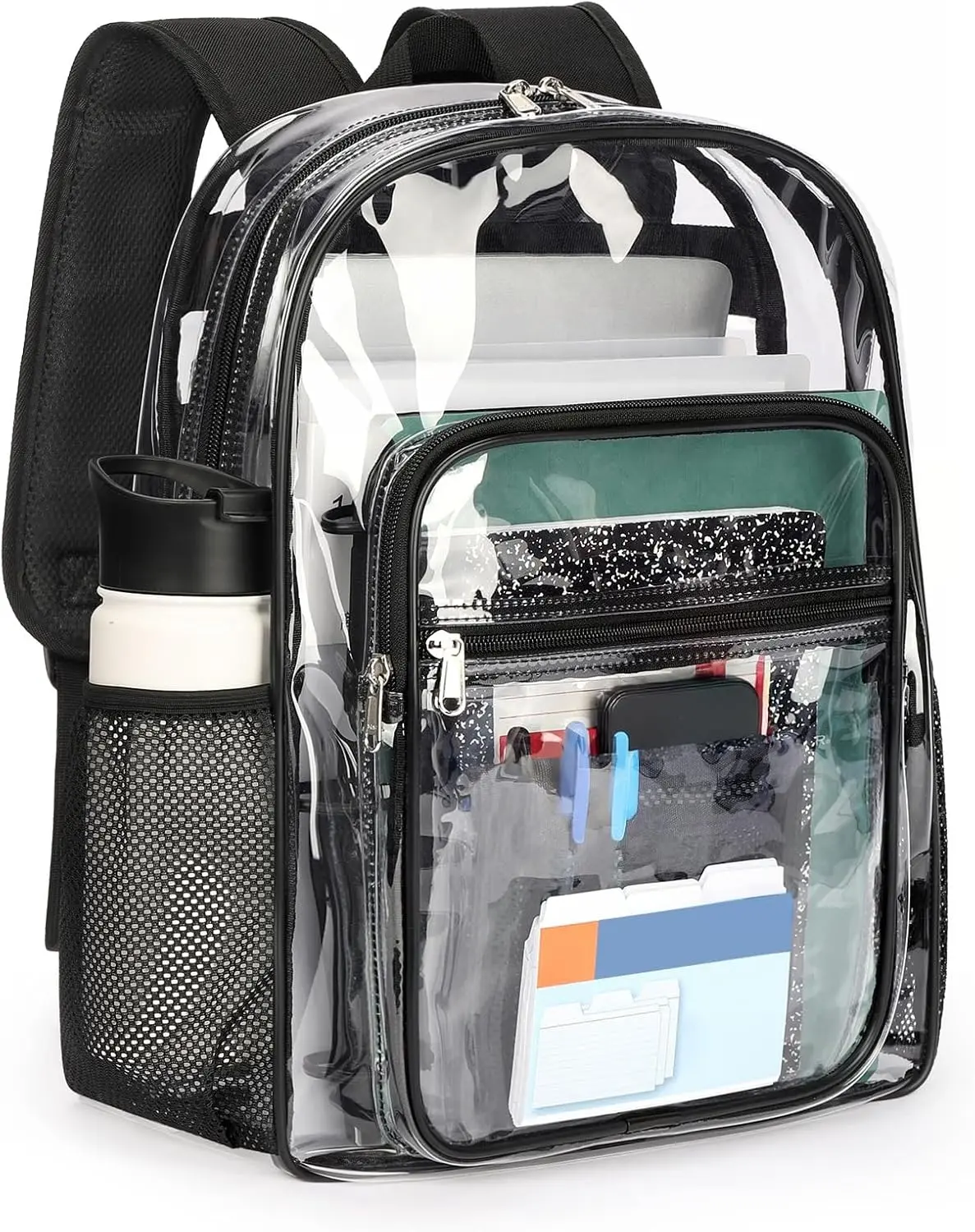 17" Heavy-Duty See-Through Rectangular Transparent PVC Multi Functional Backpack (17"h x 6"w x 12.5"l), Large Capacity, Reinforced Straps, Multiple Pockets, ID Badge Compatible, Black - Business Backpacks for School Home Organizer Storage Bag