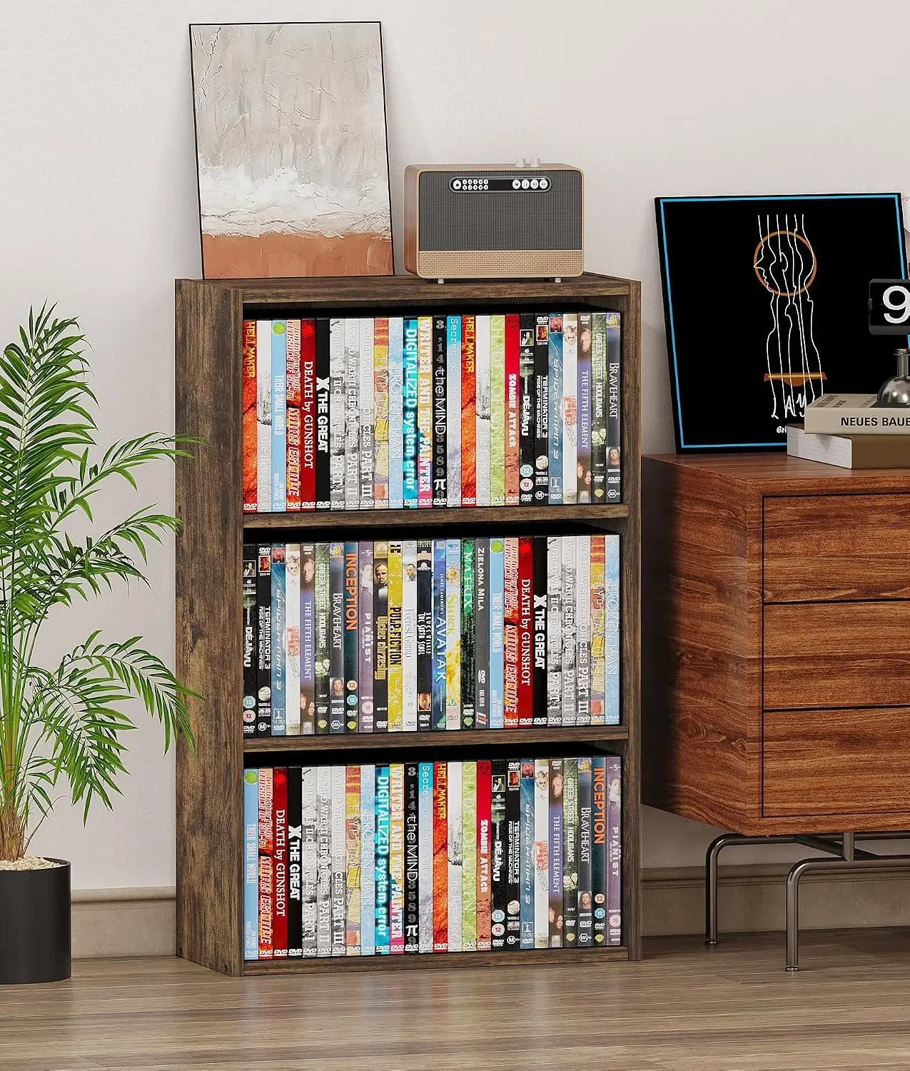 3 Tier DVD Storage Shelf, Media Storage Tower for CDs & Video Games, Freestanding Organizer Shelf for Living Room Home Office, Holds 80+ DVDs(Amber Pine)