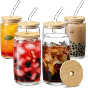 6pcs Set  Glass Cups with Bamboo Lids and Glass Straw - Beer Can Shaped, 16 oz Iced Coffee Drinking Glasses, Cute Tumbler Cup for Smoothie, Boba Tea, Whiskey, Water - 2 Cleaning Brushes