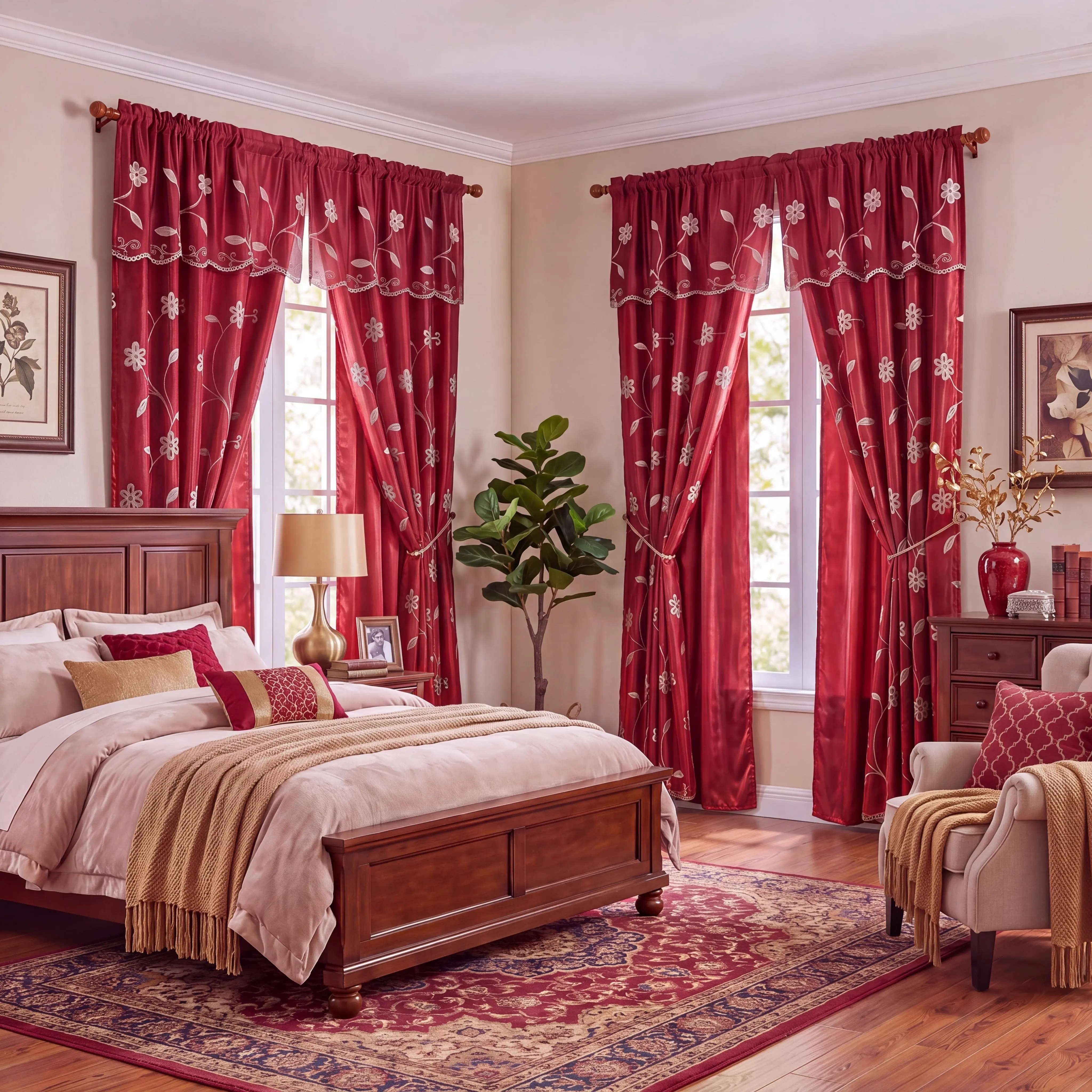 Opulent 4-Panel Set 52"x84" Rod Pocket Drapes, Floral Vine Embroidered Satin Lining Room Darkening Window Curtains, Vintage Decor for Living Room Bedroom QF29 Christmas Edition, Black Friday Holiday Home Deals