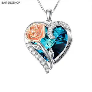 Sparkly Blue Heart & Rose Crystal Necklace I Love You Engraved Pendant Dual-Tone Shiny Jewelry Lightweight Eye-Catching Fashion Accessory for Date Night Daily OOTD Ideal Valentine Christmas Gift for Women