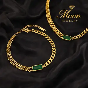 Gold Stainless Steel Set – Emerald Style (Necklace & Bracelet)