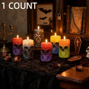 Vintage Skull Flickering Candle Light, Simulated Waxlight Retro Skeleton Head Lamp, Halloween Theme Battery Operated Decoration