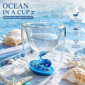 Ocean Whale Glass Cup Double-Walled Insulated Mug – Cute Handmade Coffee & Tea Tumbler Gift