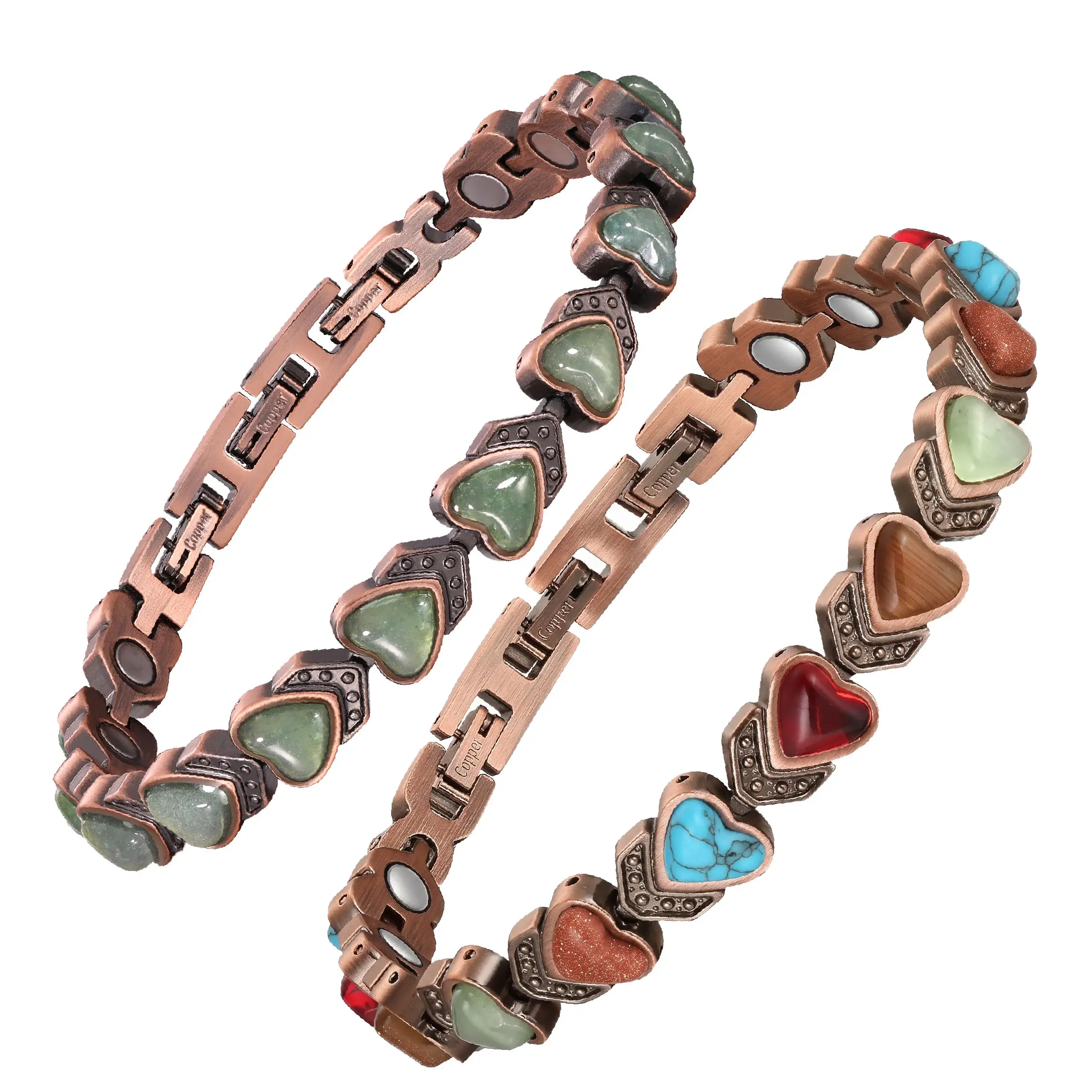 Feraco Pure Copper Green Bracelet for Women, Heart-Shaped Turquoise Gemstone Link Bracelet, Adjustable Copper Jewelry with Gift Box sohochic