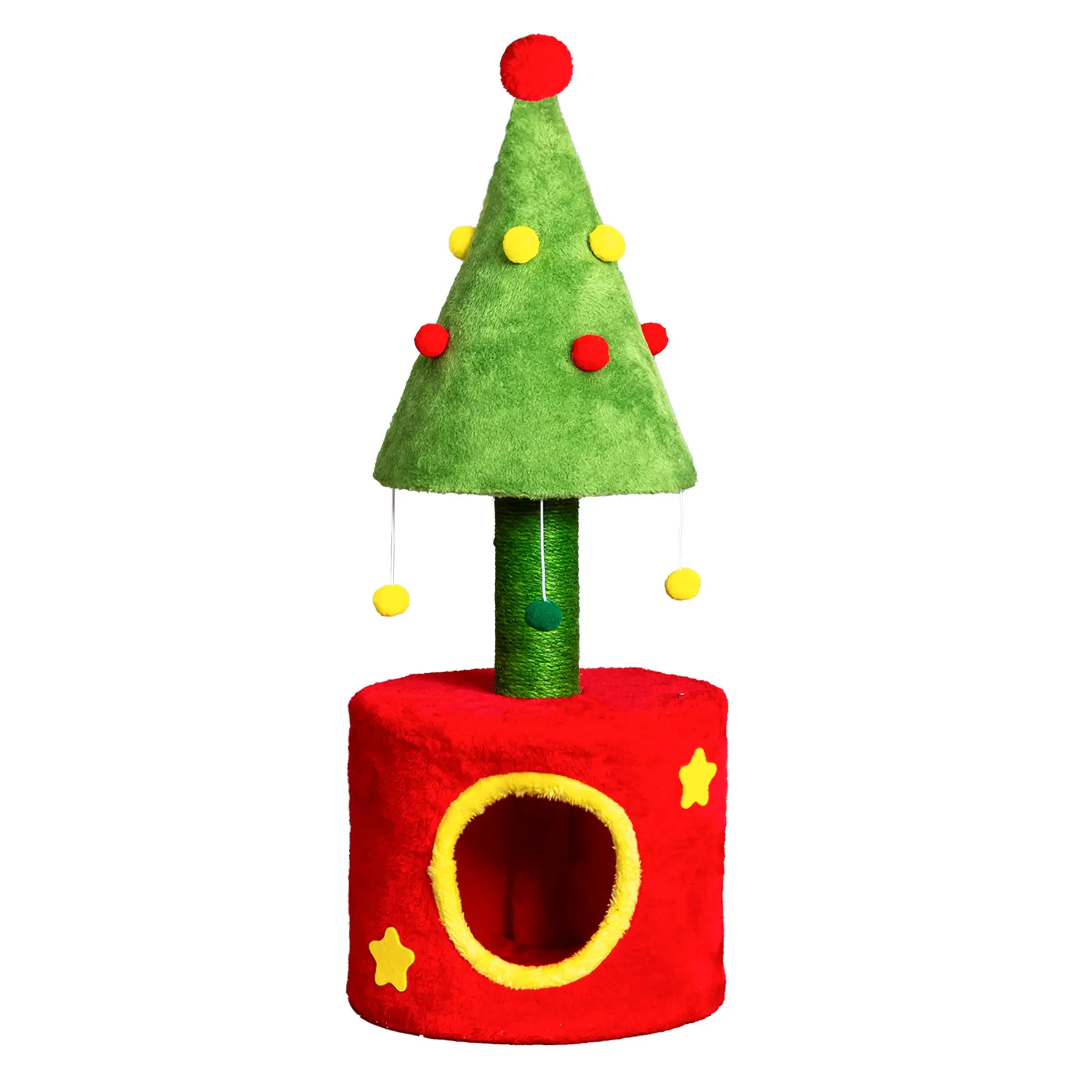 30in Christmas Cat Tree, Cat Scratching Post with Cat House for Indoor Kitten, Small Size Cat Tree Tower with Sisal Post and Cute Hanging Balls, Red & Green