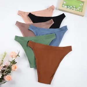 Women's 6-Pcs Seamless High-Cut Thong Panties, Womenswear No-Show Breathable Stretch Low-Rise Briefs for Daily & Workout
