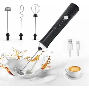 Milk Frother Handheld Rechargeable, Frother Wand Coffee Drink Mixer Electric Whisk 3 Speed Adjustable, Detachable with 3 Stainless Whisks, Hand Mixer for Lattes Cappuccino Hot  Matcha Egg