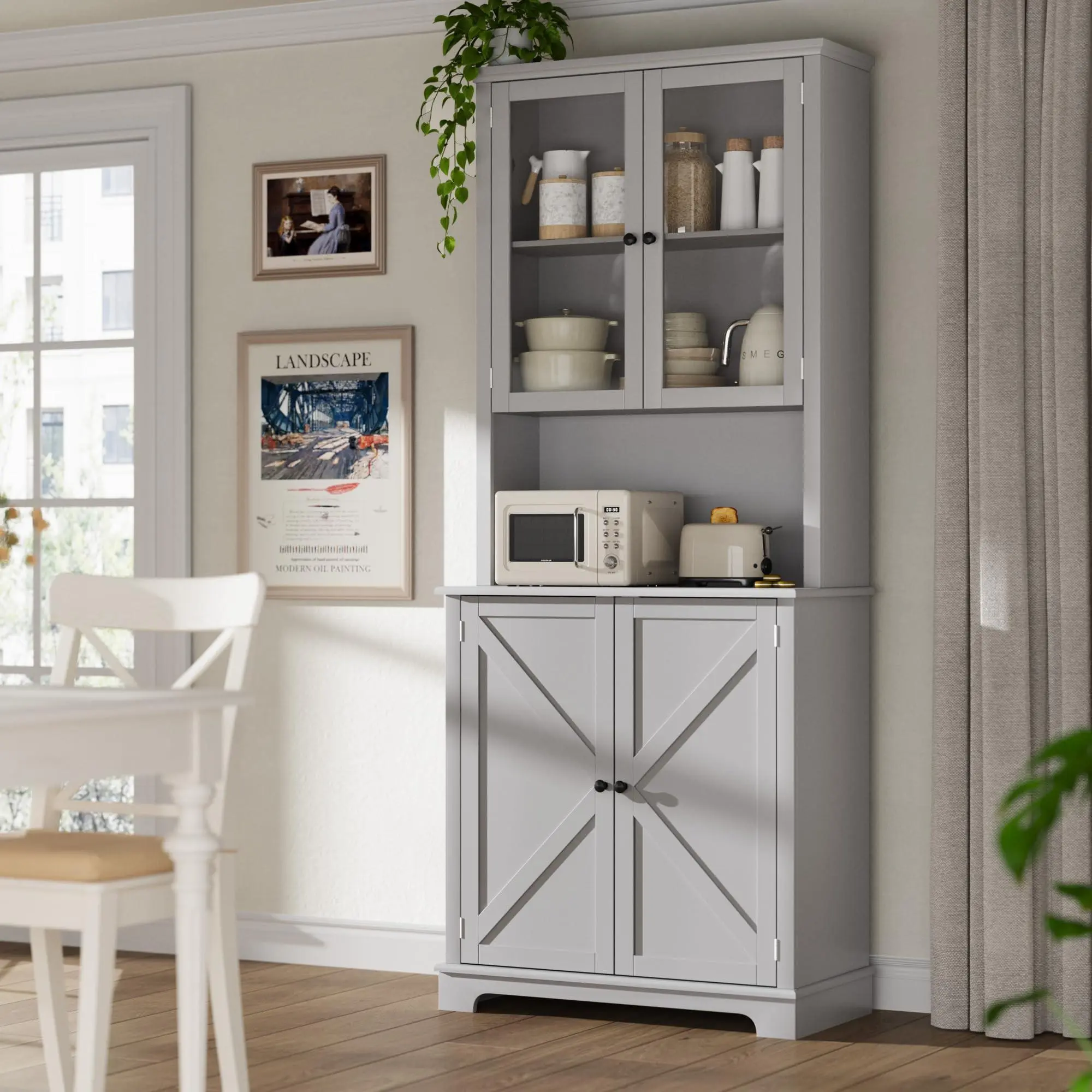 72-in Tall Gray Farmhouse Kitchen Hutch Cabinet - 41-in Wide Freestanding Storage with Glass Doors, Charging Station, LED Lights, Open Counter Shelf, Double Lower Doors for Dining