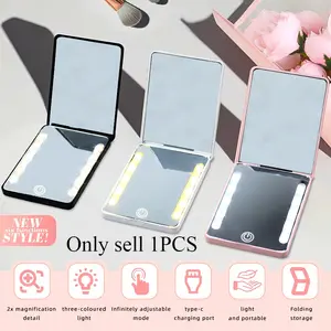 2026 New Foldable Portable LED Dual Color Light Makeup Mirror, 3-Tone Lighting, Adjustable Brightness, 2x HD Magnification, Travel Essential, Folding Makeup Mirror
