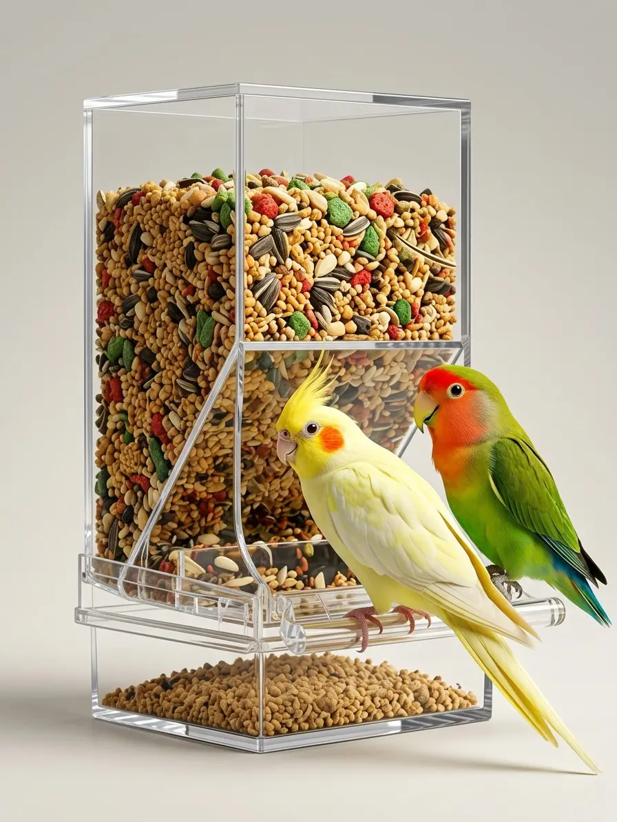 Clear Cage Mount Automatic Parrot Feeder, Anti-Spill Anti-Waste Food Box for Budgies, Cockatiels & Lovebirds