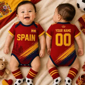 Personalized Spain Baby Soccer Bodysuit, Custom Football Onesie, Custom Name Number Infant Outfit, Flag Baby Shower Gift UQ0