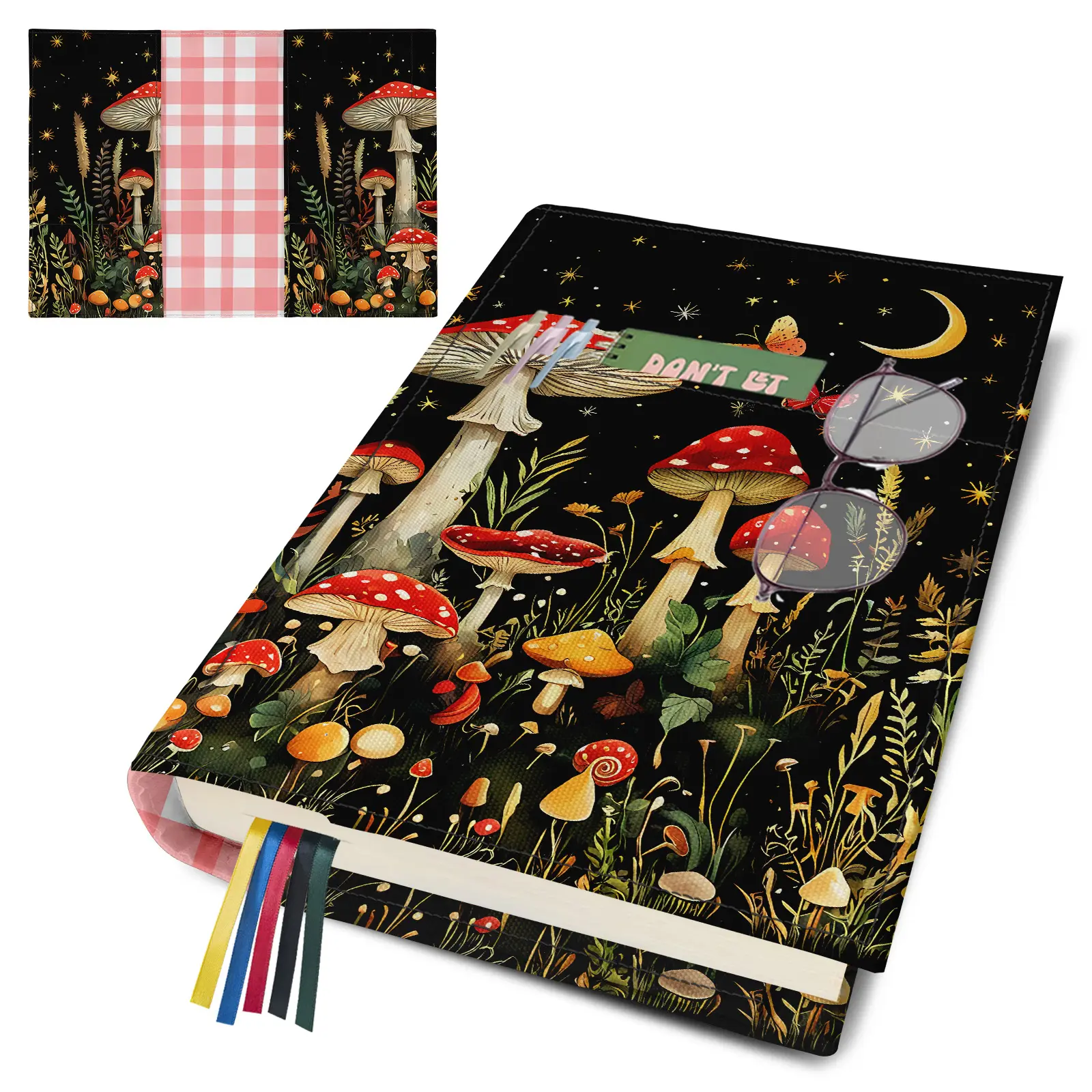 Mushroom Adjustable Paperback Book Cover Protector, Washable Soft Canvas Fabric Book Covers with Bookmark,Double Side Print Book Dust Jacket Covers for Textbooks Hardcover Bible Novel Book Lovers Gift