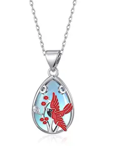 14K White Gold Plated Cardinal Necklace for Women Red Cardinal Moonstone Pendant Christmas Jewelry Gifts for Women Mom