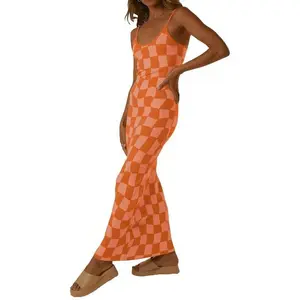 Women Checkerboard Knit Maxi Cami Sleeveless Spaghetti Strap Low-Cut Backless Long Dress Streetwear Casual Fabric