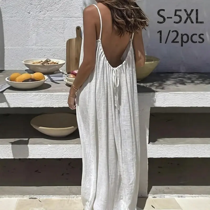 Women's Basic Minimalist Polyester Backless Spaghetti Strap Cami Dress - 1/2PCS, S-5XL Plus Size, Adjustable Drawstring, Pleated Fit, Casual Chic Beachwear Sundress, Summer Formal Wear