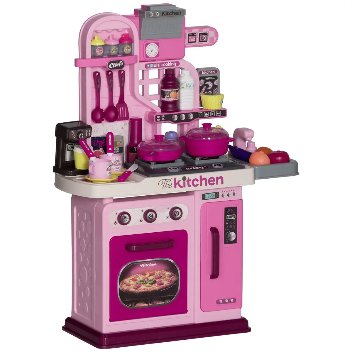 Aobtkel Play Kitchen for Kids Lights & Sounds Toy Kitchen 33 Accessories Microwave Refrigerator Storage Press Faucet Pretend Play Set ASTM CPSIA Certified for Toddlers 3-6 Years Boys Girls Gift Idea Pink
