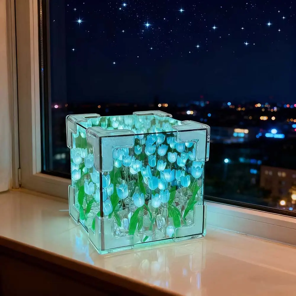 Handmade LED Infinity Mirror Tulip Flower Design Lamp - Colorful Mood Decor Indoor Nightlight, Bedroom Table Art Craft, 1 Get 2 Christmas Gift for Mom