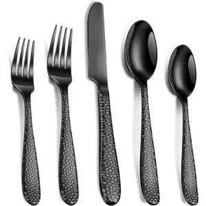 Black Hammered Silverware Set, 20-Piece Heavy Duty Stainless Steel Flatware Sets for 4, Food-Grade Cutlery Set for Home Restaurant, Mirror Polished, Dishwasher Safe