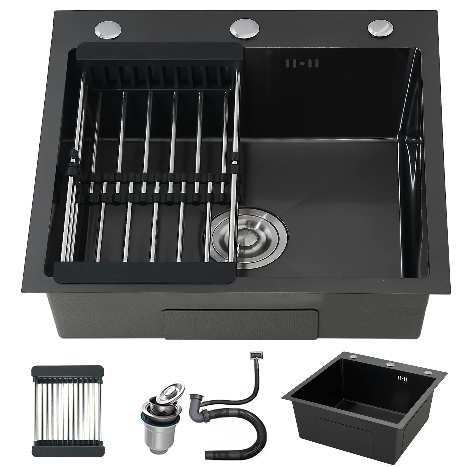 Topmount Drop In Kitchen Sink, 3 Holes Handmade 304 Stainless Steel Single Bowl Kitchen Sink with Expandable Over Sink Dish Drying Rack, Sink Strainer & Drain Assembly