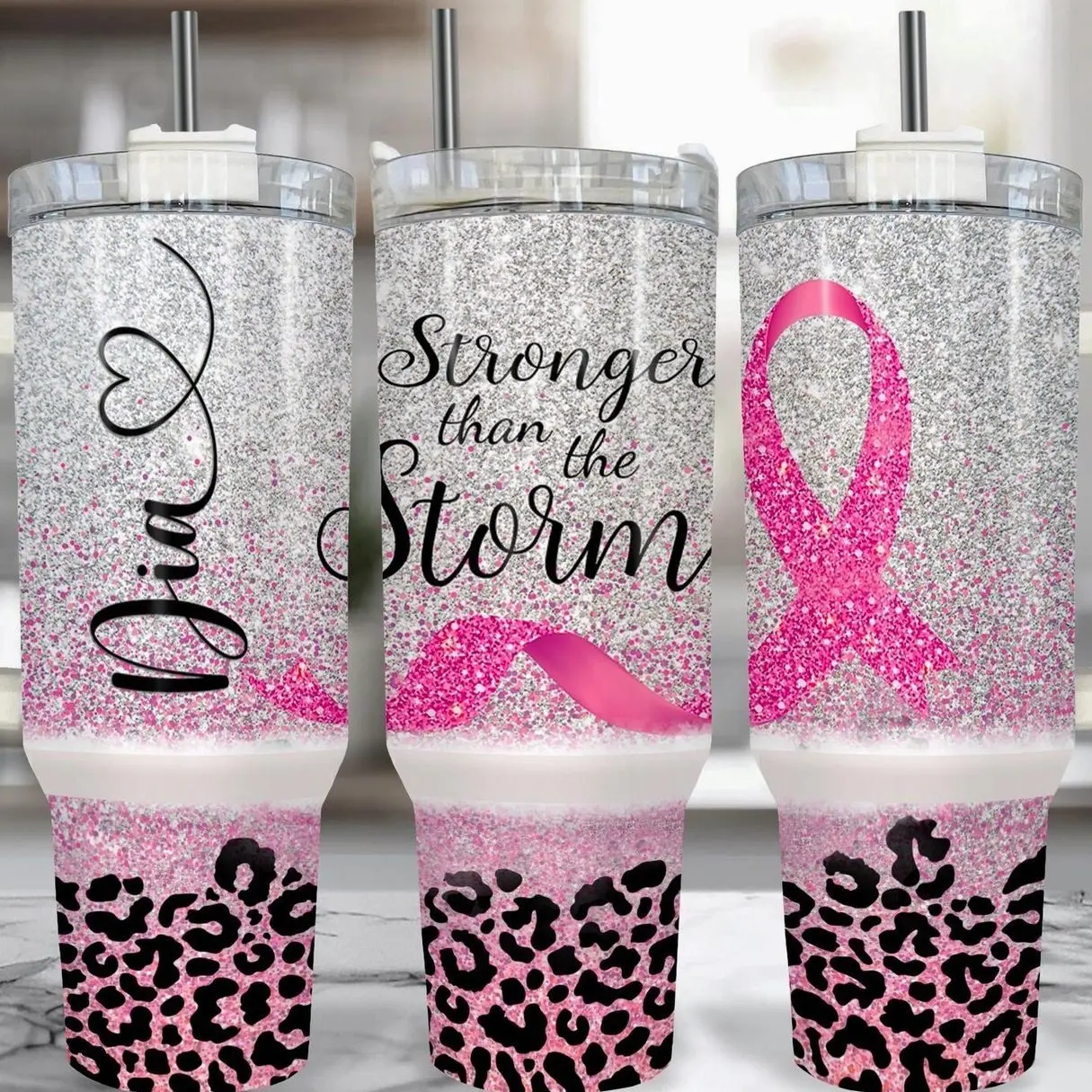 Personalized Breast Cancer 40 oz Tumbler With Handle – Get Well Soon Chemo Gift, Pink Ribbon Chemo Cup, Thinking Of You Breast Cancer Gift