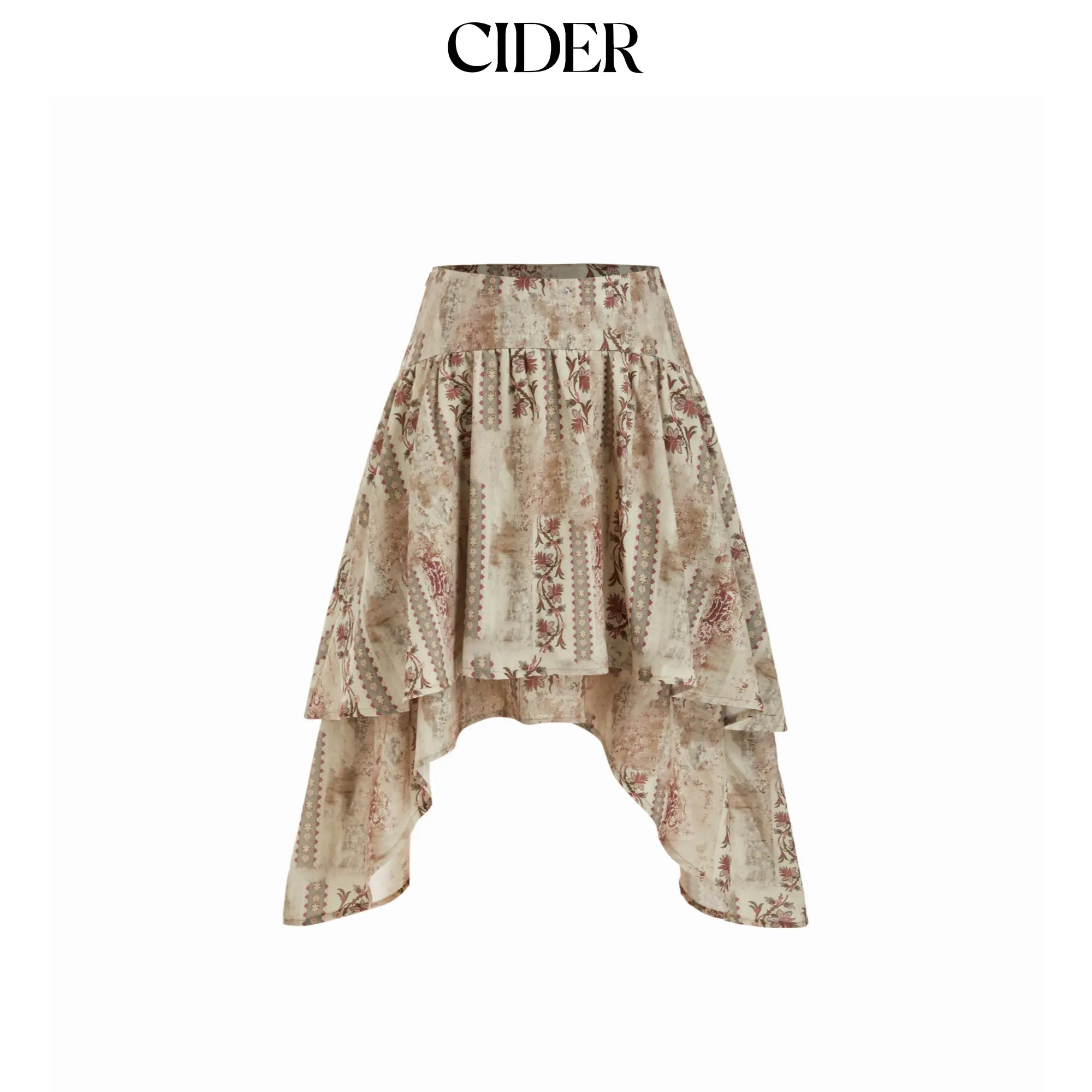 Cider Women's Floral, Ruffled, Asymmetrical Hem Flared Midi Skirt, Clothes, Mid-Length, Bottoms, Playful Asymmetry