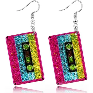 70s 80s 90s Earrings for Women Retro Cassette Tape Earrings Acrylic Radio Tape Drop Dangle Earring for Halloween Cosplay Glow Music Festival Costume Accessories